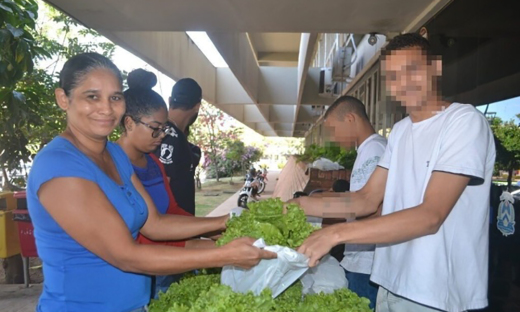 Funcionária da Seciju compra hortaliças produzidas no Horta Renascer