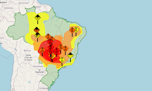 Mapa mostra os alertas para ondas de calor no Brasil; os locais em vermelho estão em 