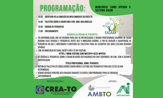 Evento será realizado pelo Crea-TO, em parceria com o órgão ambiental do Tocantins e Ambto, na próxima quarta-feira, a partir das 14h30, pelo canal do Conselho na plataforma Youtube